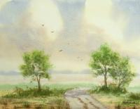 Sunny Springtime Landscape - Watercolor Paintings - By Hans Aabeck-Ackermann, Impressionist Painting Artist