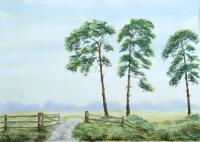 Three Pine Trees Landscape - Watercolor Paintings - By Hans Aabeck-Ackermann, Impressionist Painting Artist