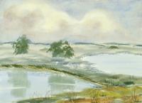 Watercolor Paintings - Wide Landscape With Ponds - Watercolor