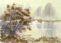 Watercolor Paintings - Foggy Autumn Day By The Riverside - Watercolor