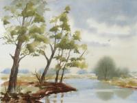 Trees On The Riverbank - Watercolor Paintings - By Hans Aabeck-Ackermann, Impressionist Painting Artist