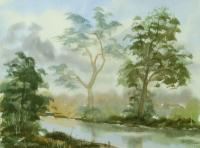 Watercolor Paintings - River With Trees Landscape 40 - Watercolor