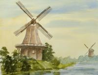 Watercolor Paintings - Windmills Near The River - Watercolor