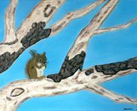 Squirrel On Stripped Oak Tree Branch - Oil On Canvas Paintings - By Leslie Dannenberg, Realism Painting Artist