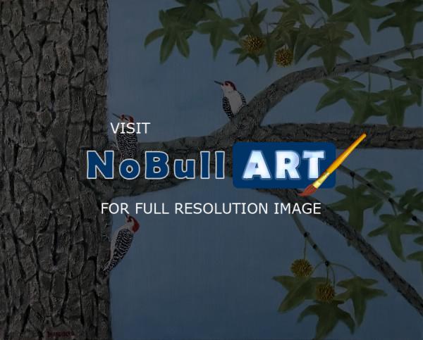 Birds - Woodpeckers On Sweet Gum Tree - Oil On Canvas