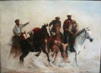 Buzkashi - 50X70Cm Paintings - By Akram Ati, Oil Painting On Canvas Painting Artist
