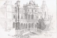 Plaza De Espania - Seville Spain - Pencil Drawing Drawings - By Dave Barazsu, Realisic Drawing Artist