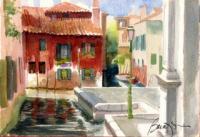 Red House Venice Italy - Watercolor Paintings - By Dave Barazsu, Impressionism Painting Artist