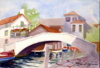 White Bridge Venice Italy - Watercolor Paintings - By Dave Barazsu, Impressionism Painting Artist