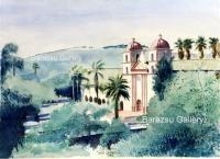 Hillside View Of Santa Barbara Mission California - Watercolor Paintings - By Dave Barazsu, Impressionism Painting Artist