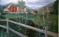 Wooden Fence And Holly Hocks - Acrylics Paintings - By Deborah Boak, Landscapes And Seascapes Painting Artist