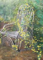 Bentwood Chair In Wildflowers - Acrylic On Canvas Paintings - By Deborah Boak, Realism Painting Artist