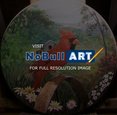 Birds - Red Cardinal On Rusted Wheel - Acrylics