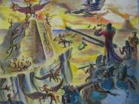Demon Battle In The Mayan Elemental World - Ink  Acrylic Wash Mixed Media - By Robert Nuckels, Grail Surrealism Mixed Media Artist