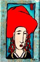 Man In Red Hat II - Zen Art Mixed Media - By Nola Tresslar, Asian Mixed Media Artist