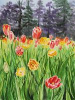 Flowers - Landscape With Tulip Garden - Watercolor