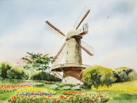 Dutch Windmill In San Francisco - Watercolor Paintings - By Artist Irina Sztukowski, Realism Painting Artist