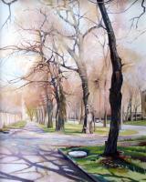 Spring On My Street - Oil On Cardboard 400X500 Mm Paintings - By Yurii Makovetsky, Realism Painting Artist