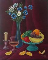 Still Life On Burgundy Background - Oil On Canvas Paintings - By Olga Levitas, Impressionism Painting Artist