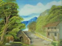 Puente Viejo  Old Bridge - Oleo Sobre  Cartn Con Tela  Oi Paintings - By German Olivares, Realistic Painting Artist