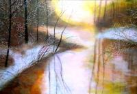 Icy Golden Dawn On The Creek - Acrylic On Gallery Canvas Paintings - By Marie-Line Vasseur, Realism Painting Artist