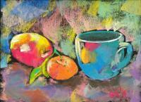 Still Life With Mandarine And Apple - Pastels Paintings - By Elena Malec, Impressionism Painting Artist