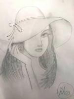 Girl With Hat - Pencil And Paper Drawings - By Rhea Ghosal, Pencil Sketch Drawing Artist