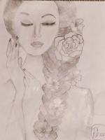 Flower Hair Girl - Pencil And Paper Drawings - By Rhea Ghosal, Pencil Sketch Drawing Artist