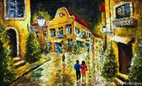 Art Gallery Landscape Painting Night Street Impressionism - Oil On Canvas Paintings - By Valery Rybakow, Impasto Impressionism Painting Artist
