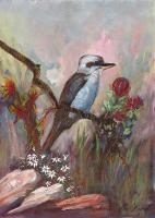 Kookaburra And Wild Flowers - Gouache Paintings - By Aileen Mcleod, Realismn Painting Artist