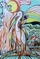 Airone Bianco-Wildlife - Inks And Wax On Paper Paintings - By Virginia -, Psycadelic Art Painting Artist