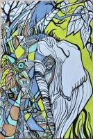 Elefante-Wildlife - Inks And Wax On Paper Paintings - By Virginia -, Psycadelic Art Painting Artist