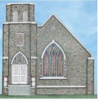 Spruce Presbyterian Church Spruce Michigan - Colored Pencil  Ink Drawings - By Martin Bucknarish, Architecture Drawing Artist