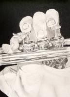 Trumpet - Charcoal And Graphite Drawings - By Cathy Jourdan, Realism Drawing Artist