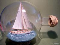 Ship In Bottle - Anne Caie - Wood Thread Paper Paint Etc Woodwork - By Gabrielle Rogers, Sailing Sloop Woodwork Artist