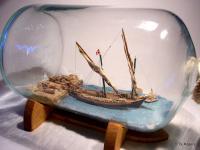 Ship In Bottle - Barque La Vaudoise - Wood Thread Paint Paper Figure Woodwork - By Gabrielle Rogers, Barque Du Leman Woodwork Artist
