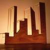 City Scape - Paper Wood Lights And Red Wine Woodwork - By Grant Figura, Wood Paper Red Wine Woodwork Artist