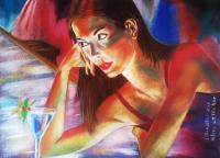Alone At The Bar - Pastels Paintings - By Jacques Benatar, Realistic Painting Artist
