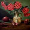 Roses And Pomegranates - Oil On Canvas Paintings - By Jozi Mesaros, Realism Painting Artist