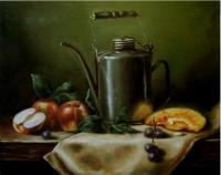 Metal Kettle With Apples - Oil On Canvas Paintings - By Jozi Mesaros, Realism Painting Artist