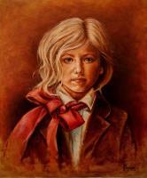 Girl With Red Bow - Oil On Canvas Paintings - By Jozi Mesaros, Realism Painting Artist