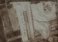 Cat In The Bookcase - Ink On Paper Printmaking - By Audrey Klemek, Drypoint Printmaking Artist