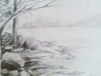 Powai Lake - Pencil  Paper Drawings - By Anil Rao, Gray Shade Drawing Artist