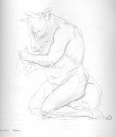 Minotaur Praying - Pencil Drawings - By Dimitri Lazaroff, Fantastic Realism Drawing Artist