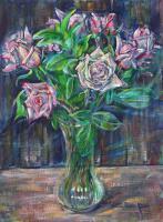 Ten Pink Roses - Acrylic Paintings - By Chris Palmen, Impressionism Painting Artist