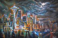 Seattle Night - Oil Paints Paintings - By Chris Palmen, Impressionism Painting Artist