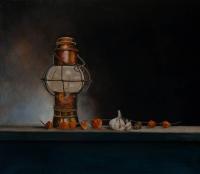 Lantern With Garlic - Oilpaint Paintings - By Peter Jansen, Oil On Panel Painting Artist