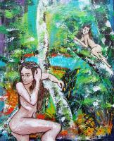 Girl In Tree - Acrylic Paintings - By David Delaine Pruitt, Impressionistic Painting Artist