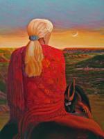 Red Shawl In The Sunset - Acrylic On Canvas Paintings - By Charles Wallis, Realism Painting Artist