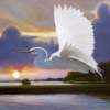 Great White Egret At Sunrise - Oil On Canvas Paintings - By Charles Wallis, Realism Painting Artist